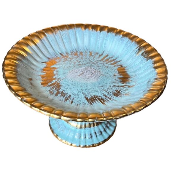 Vintage 1960s Stangl PotteryTrenton NJ Blue & Gold Fluted Pedestal Dish 6.5 x 4 - Picture 2 of 6